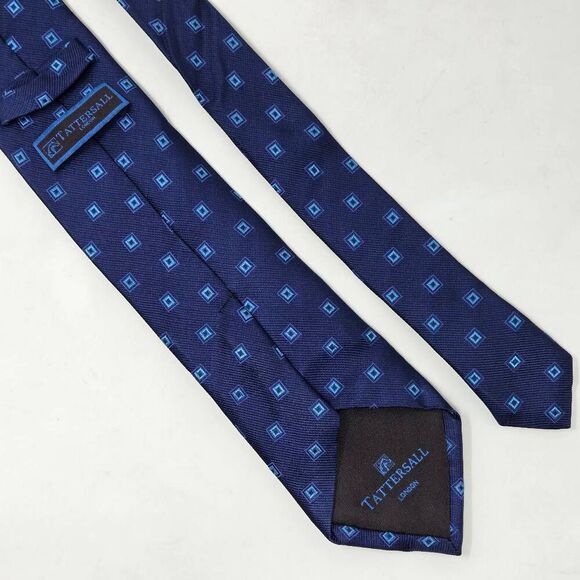 TATTERSALL LONDON SILK TIE BLUE GEOMETRIC SQUARES SATIN LUXURY 3" X 59" - Picture 2 of 4